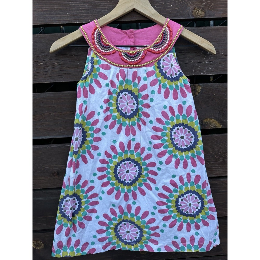 Mini Boden Girls Beaded Collar Floral Summer Spring Dress Size 7/8